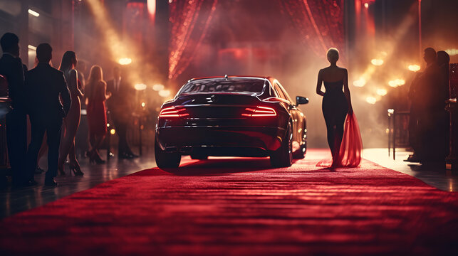 Couple arriving with limousine walking red carpet, Woman in a luxurious dress on a red carpet. 
 - Powered by Adobe