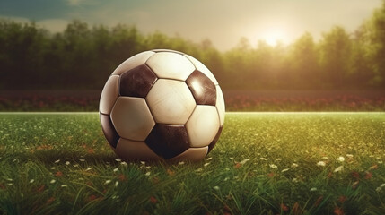 Soccer ball on the grass. Created with Generative AI technology.