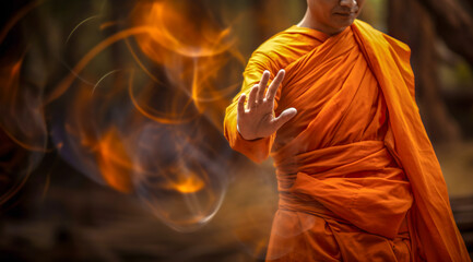 Fototapeta premium Asian monk in traditional cloth doing qigong. Hands direct energy. Prayer, gratitude. Practicing monk. Qi energy. Healing retreats. 