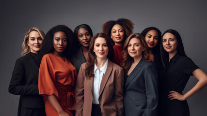 Group of radiant beautiful confident diverse women of different ages, races and skin tones stand together. Concept of empowering women, Women's day, diversity, equity, inclusion, gender equality