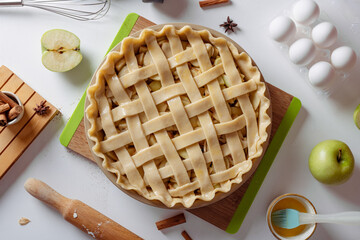 Uncooked apple pie into a baking dish ready for cooking on a white kitchen table surrounded by ingredients. Home cooking concept, traditional thanksgiving apple pie recipe, lifestyle, top view