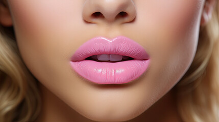 Feminine face with an open mouth with pink lipstick and blonde curls - obrazy, fototapety, plakaty