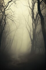 Misty spooky forest background, gloomy trees in scary horror foggy woods Happy Halloween dark night creepy nature mist fantasy atmosphere mystery dramatic landscape fall nightmare scenery. Copy space