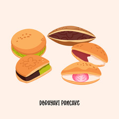Dorayaki pancake with brown azuki bean paste, cream and Matcha vector set. Japan sweet food illustration isolated on background. Japanese Asian dessert delicious