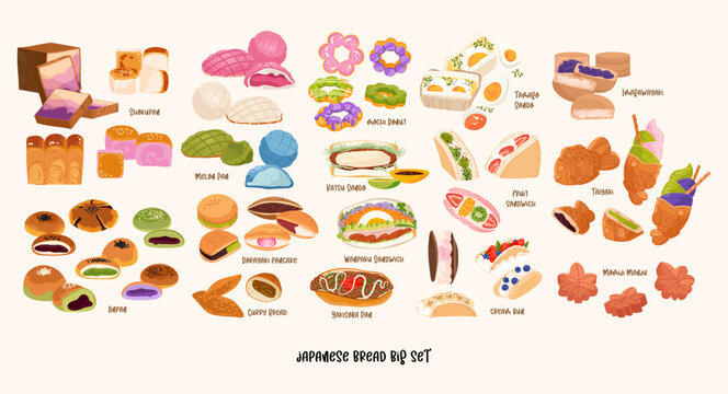 Set vector Japanese famous bread bakery isolated on beige background. Shokupan, anpan, dorayaki, melon bread, curry, mochi donut, taiyaki, imagawayaki, fruit, sandwich, cream bun