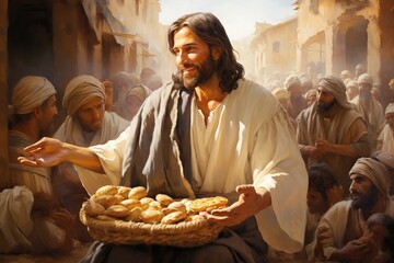 Jesus Christ fed bread to the poor , bible religion, gospels, ancient scriptures history, Jesus hands giving bread to poor , biblical story to feed hungry, charity.