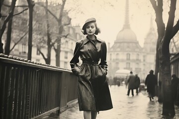woman walking through Paris in 1950, vintage monochromatic - obrazy, fototapety, plakaty