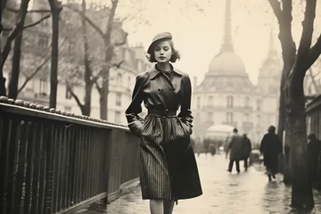 Foto op Plexiglas woman walking through Paris in 1950, vintage monochromatic © Jorge Ferreiro