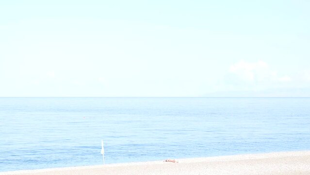 View of the Large Beach of Diamante, in the Background the Island of Cirella, Diamante, District of Cosenza, Calabria, Italy, Europe.