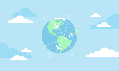 Earth globe with an airplanes and flight routes on a blue cloudy background. Flat vector illustration