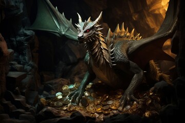 A massive, ominous dragon guarding its treasure trove of gleaming jewels, gold coins, and ancient relics within a dark, foreboding cave