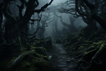 A moonlit forest shrouded in mist, with twisted, gnarled trees, dark shadows in the horror night woods