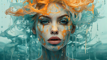 Illustration of a beautiful futuristic woman with orange and blue painted hair and blue eyes