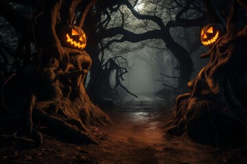 Glowing halloween Jack-on-lanterns in a moonlit forest shrouded in mist, with twisted, gnarled trees - obrazy, fototapety, plakaty