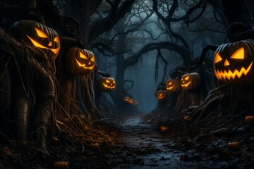 Glowing halloween Jack-on-lanterns in a moonlit forest shrouded in mist, with twisted, gnarled trees - obrazy, fototapety, plakaty