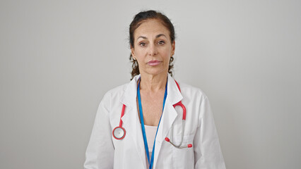 Fototapeta premium Middle age hispanic woman doctor standing with serious expression over isolated white background