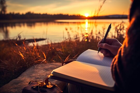 traveler writing in his journal in front of the lake at sunset