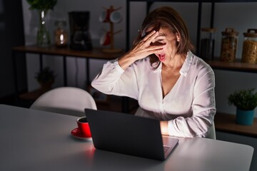 Middle age hispanic woman using laptop at home at night peeking in shock covering face and eyes with hand, looking through fingers with embarrassed expression.