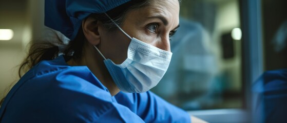 Concerned serious, sad, and tired caucasian female nurse looking away.