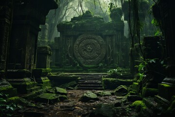 An ancient, overgrown temple hidden deep within a jungle, where mysterious cultists gather to invoke eldritch deities