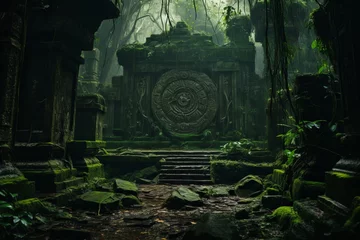 Papier Peint photo autocollant Lieu de culte An ancient, overgrown temple hidden deep within a jungle, where mysterious cultists gather to invoke eldritch deities