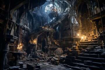 An ancient, cobweb-covered chamber deep underground, filled with arcane books, potions, and the eerie glow of magical artifacts