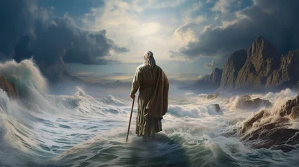 Tuinposter Religious biblical concept, the story of Moses parting the sea, flight from Pharaoh, the Jews, belief in God and Jesus Christ , the liberation of the Jews from Egyptian captivity, the miracle . © Ruslan Batiuk