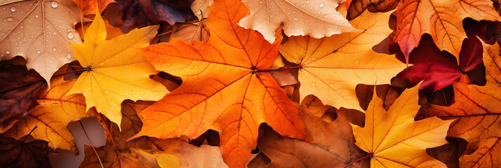Naklejka na ściany i meble Autumn banner landscape, fall mood, orange leaves close up. Banner with maple leaves