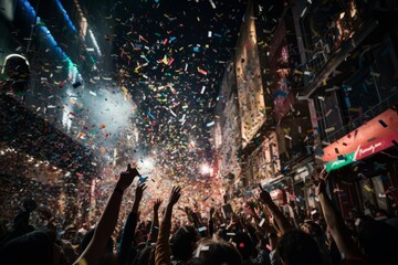 Colorful confetti raining down on a joyous crowd as the clock strikes midnight at new years eve, creating a festive atmosphere