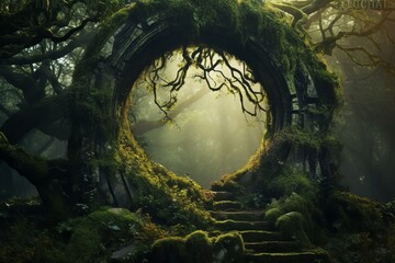 A hidden portal in a mystical forest, where the boundary between our world and the realm of fantasy blurs - obrazy, fototapety, plakaty