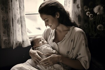 beautiful mother with her baby in her arms in the room of her house