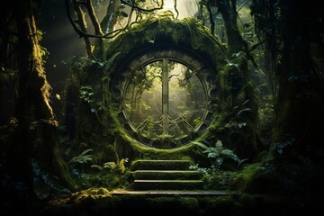 Naklejka premium A hidden portal in a mystical forest, where the boundary between our world and the realm of fantasy blurs