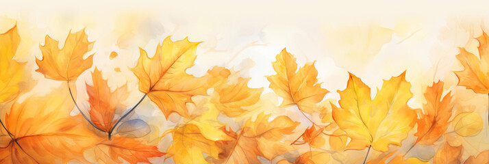 Naklejka na ściany i meble Watercolor illustration, autumn banner landscape, fall mood, falling orange leaves