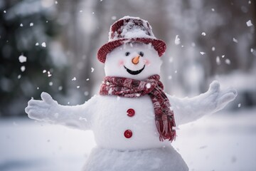 Smiling snowman's winter wonderland, where snowflakes twirl and laughter fills the air