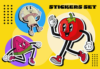 Vegetables and Fruits Cartoon Characters Sticker Set - obrazy, fototapety, plakaty