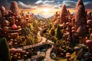 Foto op Aluminium A fantasy christmas world made entirely of gingerbread, complete with edible winter landscapes and gumdrop mountains © Gbor