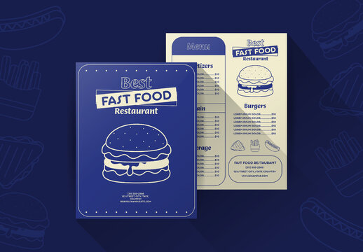 Template of burger menu illustration, blue and beige, fast food restaurant