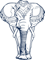 Illustration of an elephant in the national patterns of India. The elephant is coming straight at us. Isolated on a white background.Illustration in ink hand drawn style.