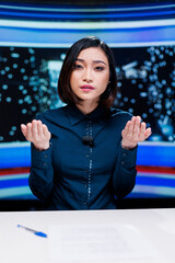 Broadcaster hosting night show live on television channel, discussing about latest celebrity...