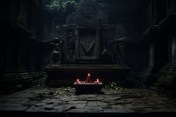 A foreboding altar in the heart of a forgotten temple, where dark rituals are conducted to appease ancient, malevolent deities