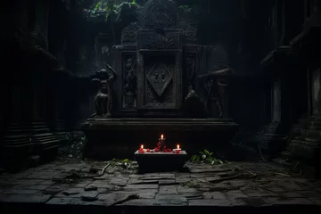 Fotobehang A foreboding altar in the heart of a forgotten temple, where dark rituals are conducted to appease ancient, malevolent deities © Gbor
