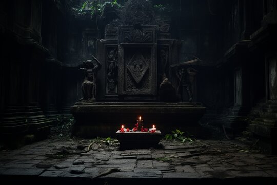 A foreboding altar in the heart of a forgotten temple, where dark rituals are conducted to appease ancient, malevolent deities © Gbor