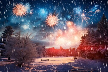 Fototapeta na wymiar A winter landscape blanketed in snow, with fireworks illuminating the pristine scenery, creating a magical New Year's Eve feeling