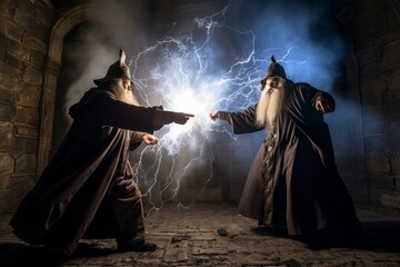 Two powerful wizards engaged in a magical duel amidst a stormy, ruined citadel, unleashing spells and conjuring otherworldly forces