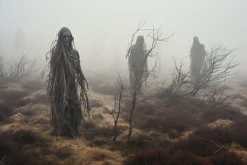 A desolate, mist-covered moor where ghostly wraiths emerge from the fog, their pale figures barely visible - obrazy, fototapety, plakaty