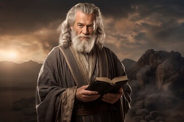 Moses holding the Bible with the 10 commandments in his hands