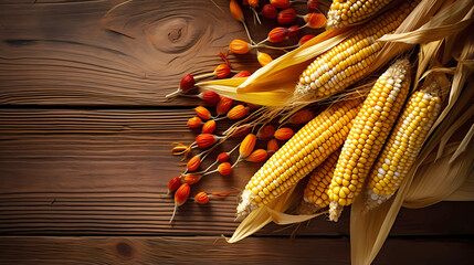 Corn on display for holiday decoration against a wood background. Yellow corn on wooden countertop.  Top down view with copy space. 