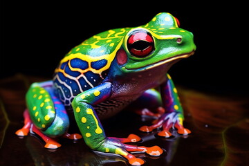 Poison vivid color frog. Poisonous animal of tropical rainforest. Pet in terrarium