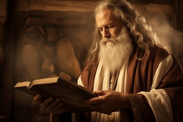Moses holding the Bible with the 10 commandments in his hands - obrazy, fototapety, plakaty