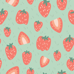 Seamless vector pattern with cute hand-drawn whole and sliced strawberries in pink and green on a soft sage background. Fun food illustration great for gift wrap, accessories, packaging, paper goods.